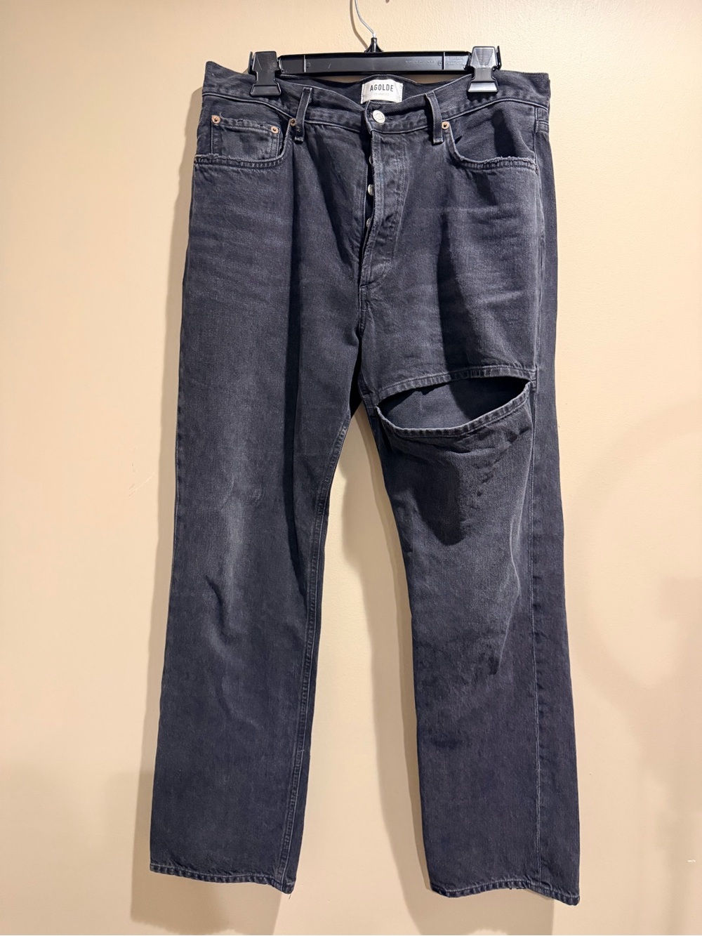 Agolde Black Straight-Leg Jeans with Knee Slit